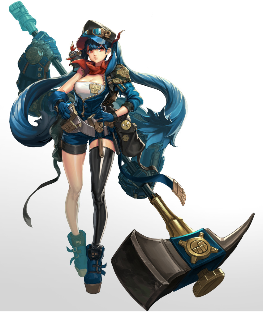 1girl :t absurdres armor asymmetrical_clothes asymmetrical_legwear bare_shoulders belt black_thighhighs blue_gloves blue_hair blue_jacket breasts cleavage commentary daeho_cha full_body garter_straps gloves hammer hands_on_hips hat highres jacket long_hair looking_at_viewer medium_breasts original pauldrons peaked_cap photoshop_(medium) pout red_eyes shoulder_armor simple_background single_thighhigh solo thighhighs twintails uneven_legwear very_long_hair war_hammer weapon white_background