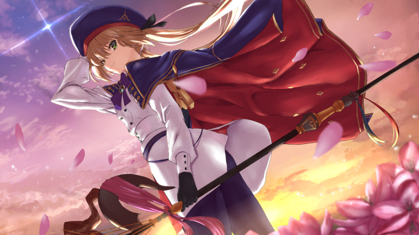 1girl artoria_caster_(fate) artoria_caster_(second_ascension)_(fate) artoria_pendragon_(fate) bangs belt beret black_gloves black_pantyhose blonde_hair blue_cape blue_headwear blush breasts buttons cape double-breasted dress fate/grand_order fate_(series) gloves green_eyes hat highres holding holding_staff hood hooded_cape long_hair long_sleeves looking_at_viewer multicolored_cape multicolored_clothes pantyhose red_cape small_breasts smile solo staff thighs tsuuhan twintails white_dress