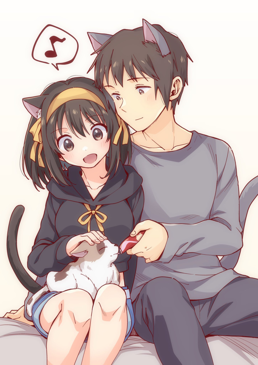 1boy 1girl :d animal_ears black_hoodie black_pants blue_shorts blush brown_eyes brown_hair calico cat cat_ears cat_tail closed_mouth collarbone grey_shirt hair_ribbon hairband headpat highres hood hoodie kyon long_sleeves medium_hair open_mouth pants ribbon shamisen_(suzumiya_haruhi) shirt short_hair shorts sitting smile suzumiya_haruhi suzumiya_haruhi_no_yuuutsu taiki_(6240taiki) tail yellow_hairband yellow_ribbon