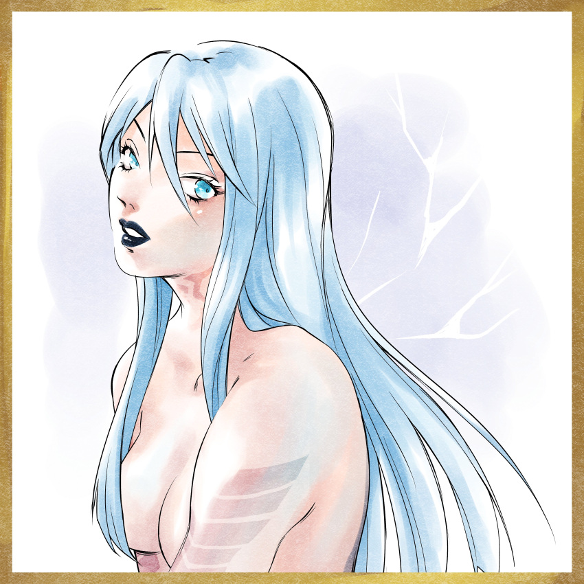 1girl absurdres blue_eyes blue_hair breasts chanchan030 devil_summoner hair_over_breasts highres lipstick long_hair looking_at_viewer makeup nemissa pale_skin solo soul_hackers topless