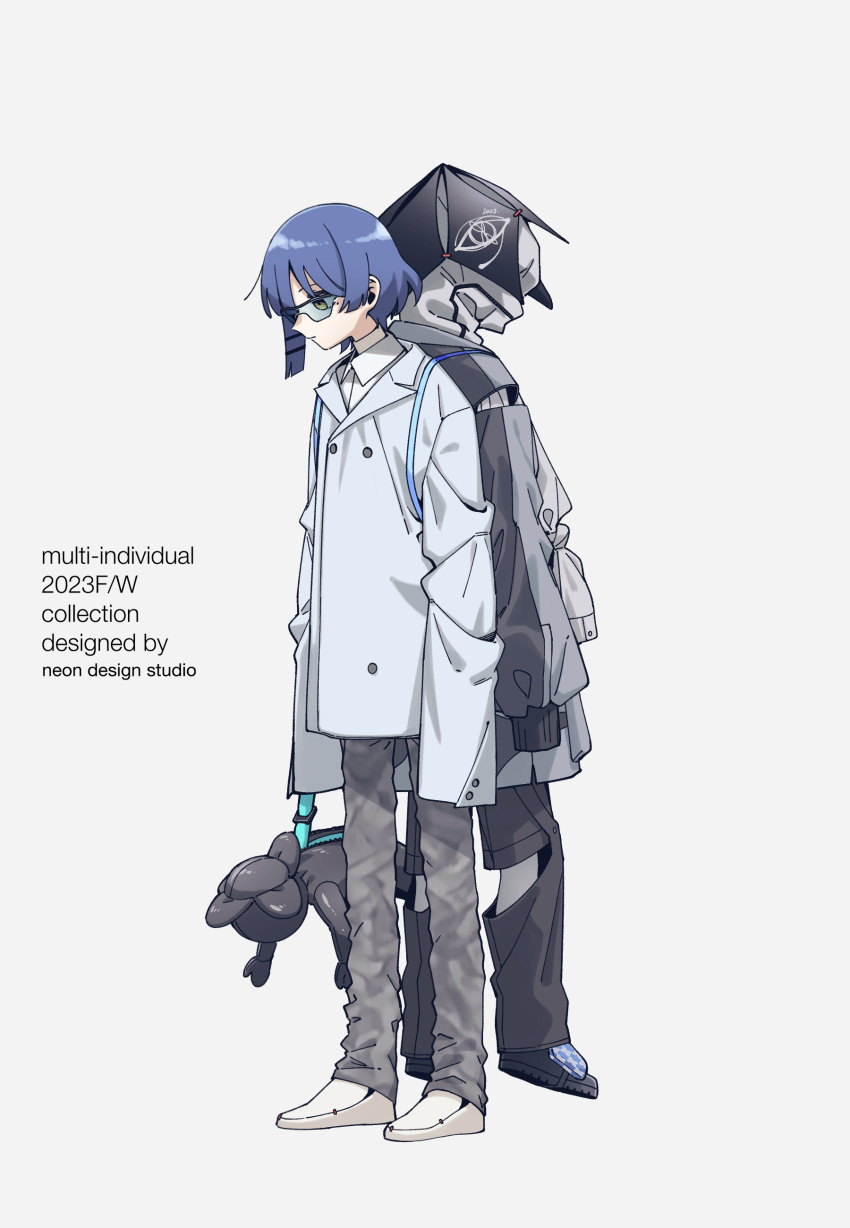1girl absurdres alternate_costume bag bangs blue_hair bocchi_the_rock! closed_mouth coat collared_shirt full_body glasses grey_pants highres holding holding_bag mole mole_under_eye neonfloyd pants shirt short_hair simple_background sleeves_past_fingers sleeves_past_wrists solo standing white_coat white_footwear white_shirt yamada_ryou
