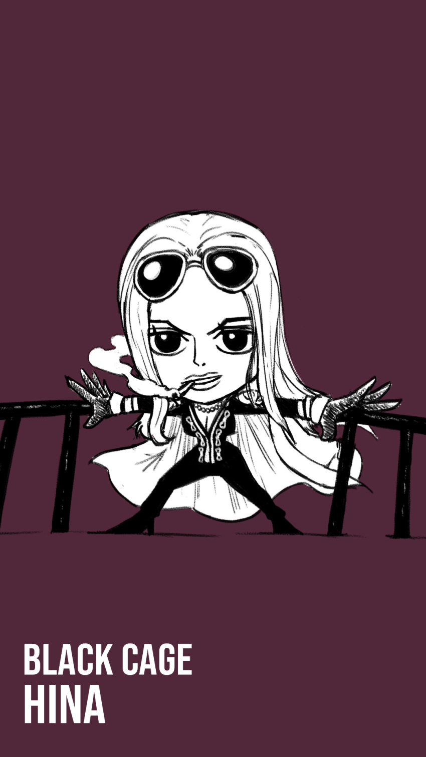 1girl arms_up blacknirrow breasts character_name chibi cigarette cleavage coat coat_on_shoulders commentary english_commentary english_text epaulettes eyewear_on_head forehead full_body high_heels highres hina_(one_piece) large_breasts legs_apart long_hair long_sleeves monochrome mouth_hold one_piece outstretched_arms pants parted_lips purple_background shirt shoes sidelocks simple_background sketch smoke smoking solo spread_fingers standing sunglasses