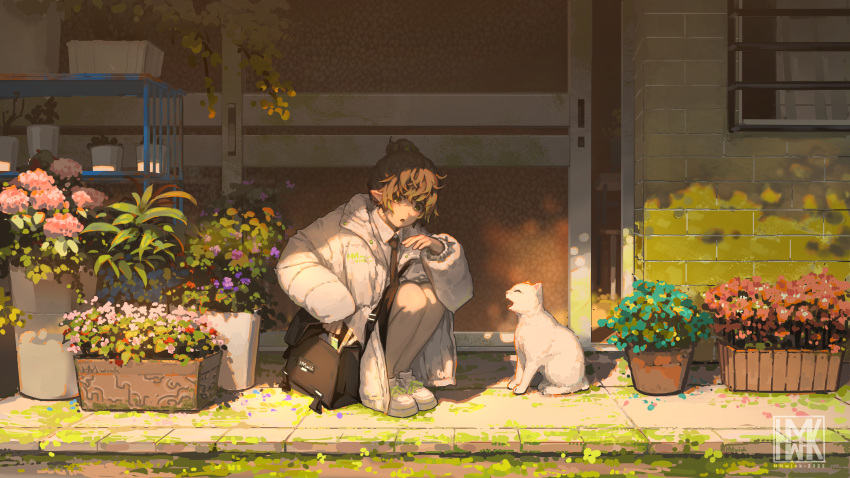 1girl absurdres artist_logo bag brown_hair cat coat elf flower hair_bun highres house hua_ming_wink medium_hair original plant pointy_ears potted_plant satchel scenery solo squatting white_cat white_coat