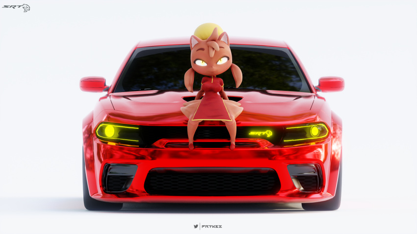 anthro bāozi canid canine canis car clothing cumminham diives dodge_(brand) dodge_charger dodge_hellcat domestic_dog dress female footwear glowing_accessory hi_res looking_at_viewer mammal prykez red_car red_clothing red_dress red_footwear red_shoes shoes simple_background size_difference smaller_female solo vehicle white_background xingzuo_temple yellow_eyes