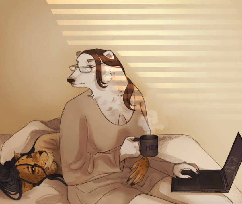 absurd_res anthro arcee_(li'l_melon) arm_around_waist baggy_clothing bastard_rat bed breasts cheetah cleavage clothed clothing computer dreadlocks duo embrace eye_contact eyewear felid feline female fur furniture glasses hair hi_res laptop looking_at_another looking_back looking_down lying lying_on_bed mammal mug nicole_vozro_(li'l_melon) on_bed polar_bear ponytail slightly_chubby steam strays_in_paradise ursid ursine white_body white_fur