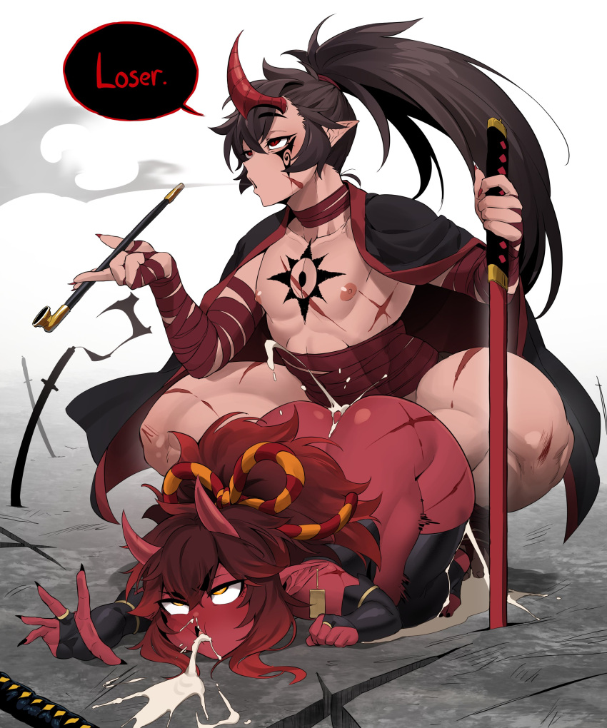 absurd_res anal anal_penetration areola asian_mythology bodily_fluids cum cum_from_mouth cum_in_ass cum_in_mouth cum_inside demon demon_humanoid demon_king_(in_30000) duo east_asian_mythology english_text genital_fluids hair hi_res holding_object horn horned_humanoid humanoid humanoid_on_humanoid humanoid_penetrated humanoid_penetrating humanoid_penetrating_humanoid humanoid_pointy_ears in_30000 japanese_mythology katana long_hair male male/male male_penetrated male_penetrating male_penetrating_male melee_weapon mythology nipples not_furry oni penetration penile penile_penetration penis_in_ass scar sex smoking smoking_pipe sword text weapon yokai