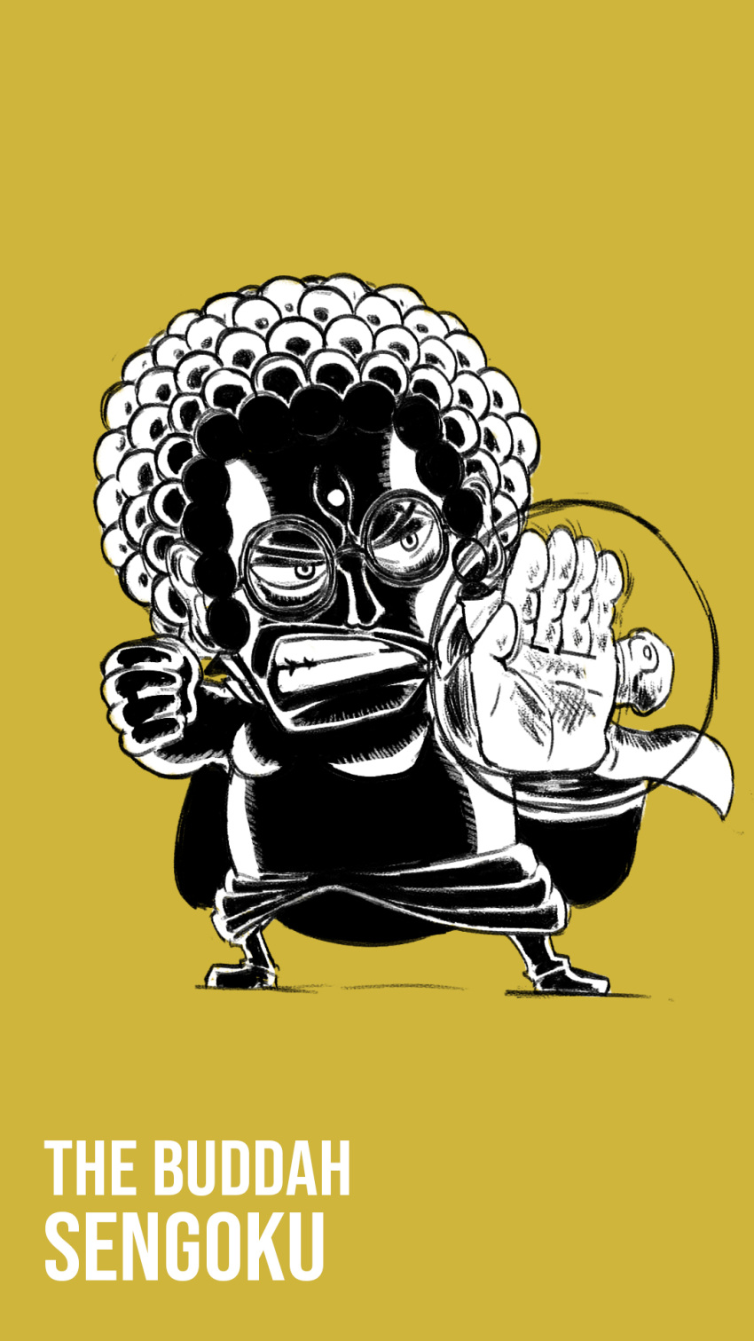 1boy afro angry arms_up blacknirrow cape character_name chibi clenched_hand clenched_teeth commentary english_commentary english_text fighting_stance forehead forehead_jewel full_body glasses highres legs_apart male_focus monochrome one_piece round_eyewear sengoku_(one_piece) short_hair simple_background sketch solo standing teeth telekinesis v-shaped_eyebrows yellow_background