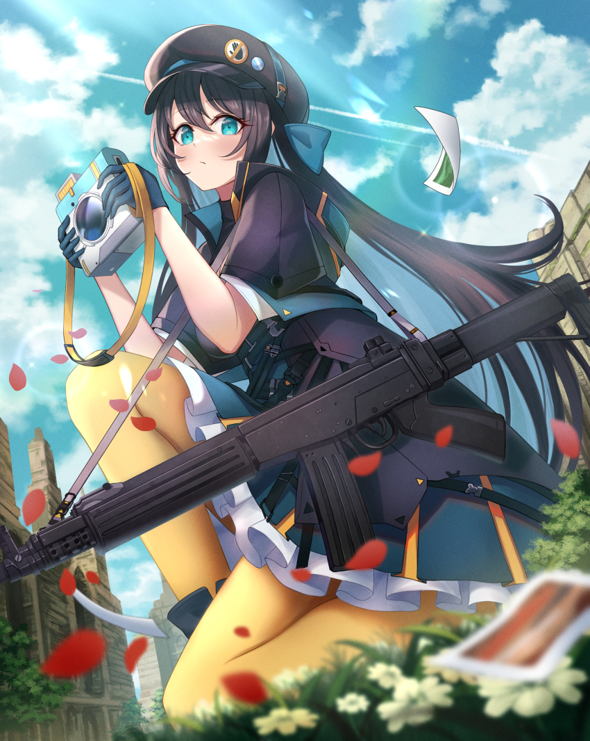 1girl absurdres assault_rifle bangs blue_eyes blue_gloves blue_hair blue_sky brown_hair camera closed_mouth cloud cloudy_sky colored_inner_hair commentary day dress expressionless falling_petals fara_83_(girls'_frontline) flower full_body girls'_frontline gloves gun hair_between_eyes hat highres holding holding_camera long_hair looking_at_viewer multicolored_hair numaguro_(tomokun0808) outdoors pantyhose petals photo_(object) rifle sky sling solo weapon yellow_pantyhose