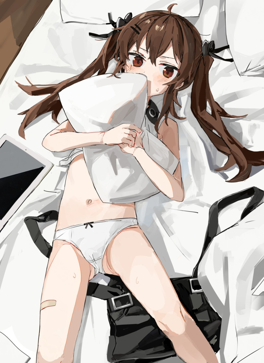 1girl aged_down bandaid bandaid_on_leg bangs bare_arms bare_legs bare_shoulders bed black_bow blush bow bow_panties brown_eyes brown_hair clothes_lift collared_shirt cowlick girls'_frontline hair_bow hair_ornament hairclip highres indoors long_hair looking_at_viewer lying navel object_hug official_alternate_costume on_back on_bed own_hands_together panties pillow pillow_hug shirt shirt_lift shorts shorts_removed sidelocks sketch sleeveless sleeveless_shirt solo suspender_shorts suspenders sweat tablet_pc twintails ump9_(girls'_frontline) ump9_(shiba_investigator)_(girls'_frontline) underwear upper_body white_panties yuki_hotaru