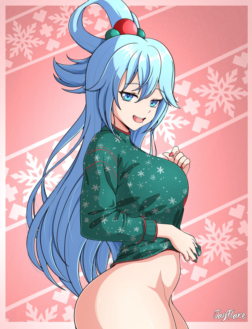 1girl absurdres aqua_(konosuba) artist_name ass bangs blue_eyes blue_hair bottomless breasts christmas_sweater commentary cowboy_shot english_commentary from_side green_sweater hair_between_eyes hair_ornament hair_rings highres jay_flare kono_subarashii_sekai_ni_shukufuku_wo! large_breasts long_hair long_sleeves looking_at_viewer nail_polish open_mouth pink_background red_nails shiny shiny_hair smug snowflake_background snowflake_print solo sweater teeth thick_thighs thighs tongue upper_teeth very_long_hair