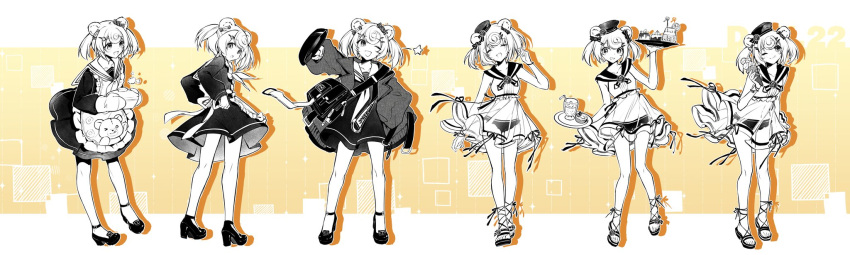 1girl :o ;q alternate_costume animal_ears apron arknights bag bare_legs bear_ears bear_girl bikini bikini_bottom_only black_bag black_bikini black_coat black_dress black_footwear black_sailor_collar border candy_hair_ornament chinese_commentary closed_eyes coat commentary_request dress drop_shadow enmaided food food-themed_hair_ornament frying_pan fy_fei_xiao_ya glass gummy_(arknights) gummy_(summer_flowers)_(arknights) hair_ornament hand_up happy highres holding holding_cooking_pot holding_frying_pan holding_ice_cream holding_plate holding_tray ice_cream_cone leaning_forward limited_palette looking_at_viewer looking_back looking_to_the_side maid multiple_views neckerchief nervous official_alternate_costume one_eye_closed open_mouth oven_mitts plate sailor_collar sandals see-through see-through_skirt shirt short_hair shoulder_bag simple_background skirt smile surprised swimsuit tongue tongue_out tray tying_apron white_hair white_neckerchief white_sailor_collar white_shirt yellow_background