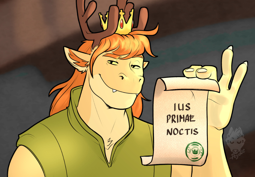 anthro antlers crown disney document dragon fangs horn humor latin_text license looking_at_viewer male mane meme muscular muscular_male peyotethehyena prince prince_borgon royalty silly silly_face smile solo text the_emperor's_new_groove translated