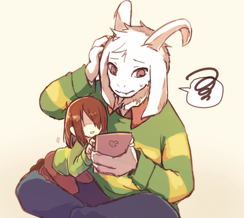 &lt;3 2_horns anthro apple_inc. asriel_dreemurr bottomwear bovid brown_eyes brown_hair caprine clothed clothing covered_eyes crossed_legs curved_horn deltarune duo female fur goat hair hair_over_eyes head_scratch high-angle_view holding_object holding_phone horn human kneeling kris_(deltarune) larger_anthro long_ears male male_anthro mammal monster pants phone scratching_head shirt simple_background sitting size_difference smaller_human sweater topwear undertale undertale_(series) video_games white_body white_fur y_r_k_4