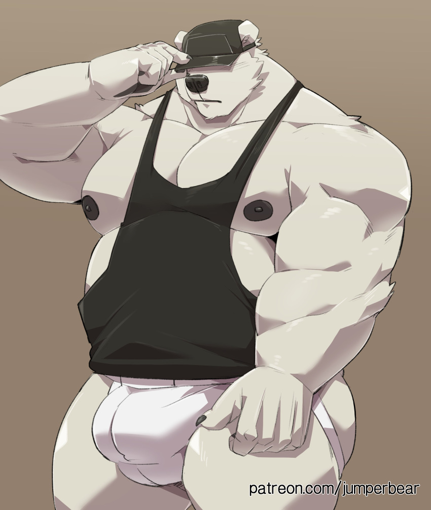 2022 absurd_res anthro bulge clothing hat headgear headwear hi_res humanoid_hands jockstrap jumperbear kemono male mammal moobs musclegut nipples overweight overweight_male polar_bear shirt solo topwear underwear ursid ursine white_body