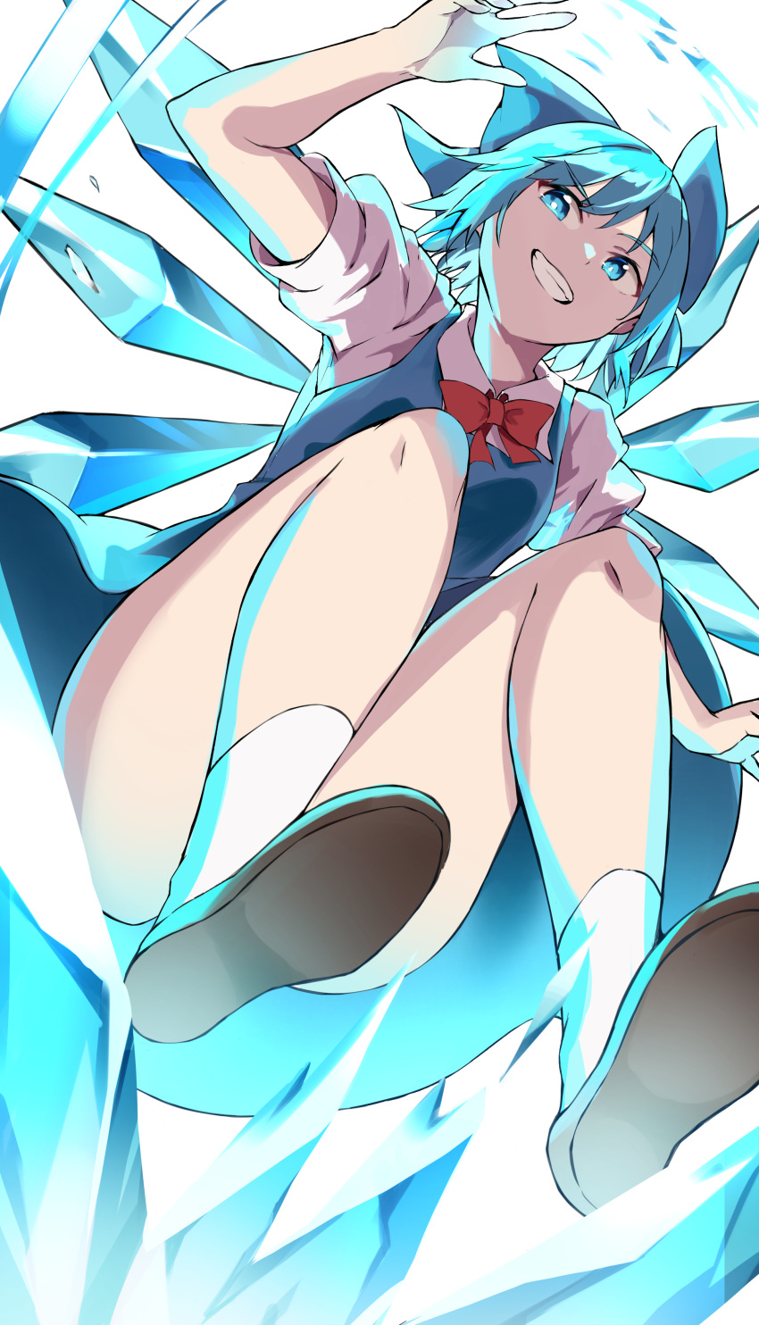 1girl absurdres blue_dress blue_eyes blue_hair bottomless bow bowtie bright_pupils cirno collared_shirt convenient_leg cryokinesis dress ergokinesis from_below full_body hair_bow highres ice ice_wings looking_at_viewer nagomian pinafore_dress red_bow red_bowtie shirt short_hair short_sleeves simple_background socks solo teeth touhou white_background white_pupils white_shirt white_socks wings