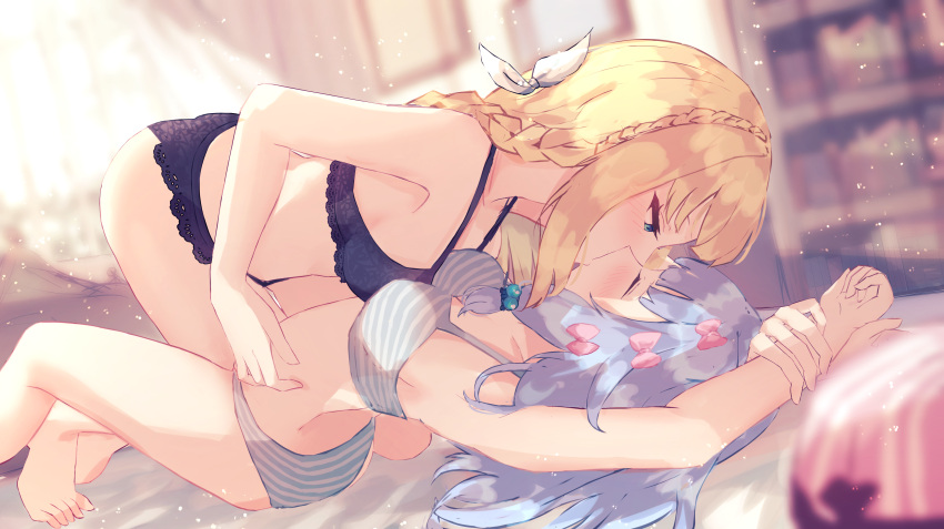 2girls absurdres benevole blonde_hair blue_eyes blue_hair blurry blurry_background blush bra breasts charlotte_suzu closed_eyes highres indoors isla_coleman kiss light_particles looking_at_another multiple_girls panties production_kawaii striped striped_bra striped_panties underwear underwear_only virtual_youtuber yuri