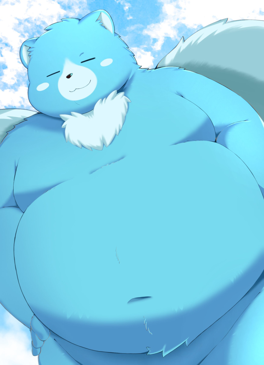 2022 absurd_res anthro belly big_belly blue_body eyes_closed hi_res kemono male mammal moobs moosh navel oracle_of_ages oracle_of_seasons overweight overweight_male solo trail_arnak ursid wings