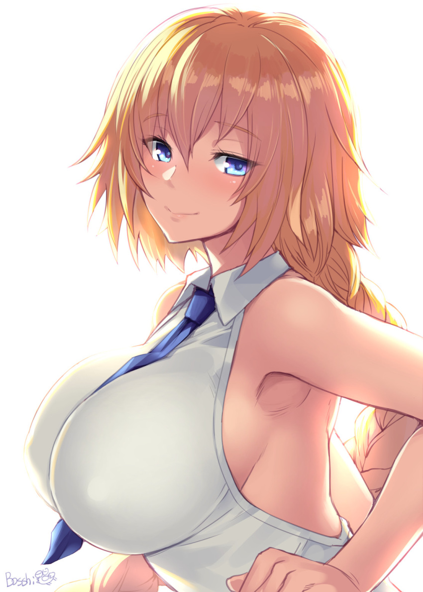 1girl artist_name bangs bare_arms bare_shoulders blonde_hair blue_eyes blush bosshi braid braided_ponytail breasts closed_mouth collared_shirt fate/apocrypha fate/grand_order fate_(series) hand_on_own_cheek hand_on_own_face highres huge_breasts jeanne_d'arc_(fate) jeanne_d'arc_(girl_from_orleans)_(fate) long_hair looking_at_viewer necktie purple_necktie shirt sideboob signature simple_background skindentation sleeveless sleeveless_shirt smile solo upper_body white_background white_shirt