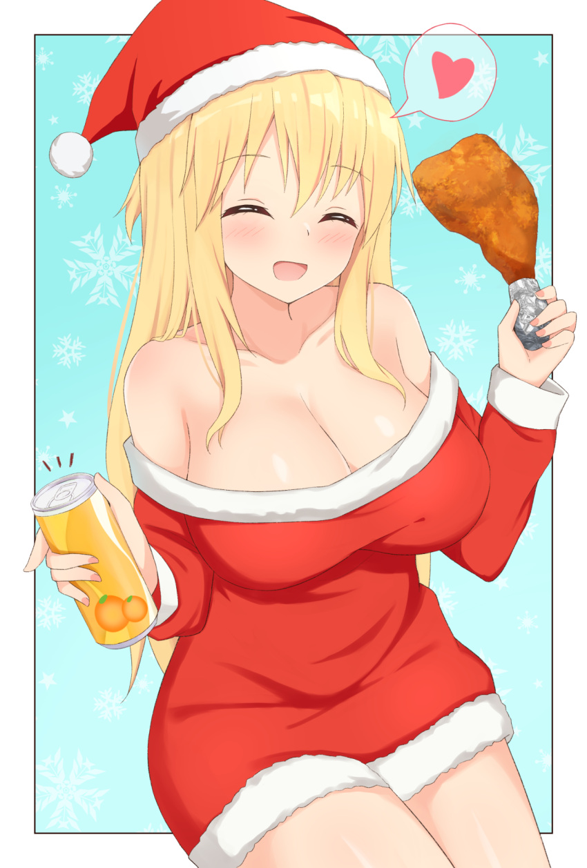 1girl bangs bare_shoulders blonde_hair breasts can christmas cleavage closed_eyes commentary_request dress english_commentary eniraka facing_viewer food fur-trimmed_dress fur_trim hat highres holding holding_can holding_food large_breasts long_hair long_sleeves mixed-language_commentary off-shoulder_dress off_shoulder open_mouth original outside_border red_dress red_headwear santa_dress santa_hat short_dress sitting smile soda_can solo turkey_(food)