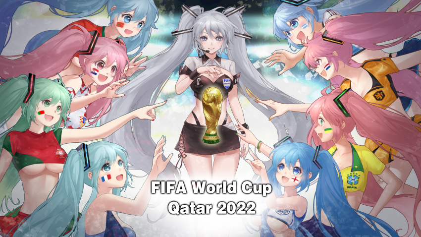 2022_fifa_world_cup 6+girls absurdres alternate_color alternate_costume alternate_hair_color aqua_eyes aqua_hair argentina argentinian_flag blue_eyes blue_hair brazil croatia croatian_flag dutch_flag england english_flag france french_flag hatsune_miku headset highres jokanhiyou morocco multiple_girls multiple_persona netherlands pink_eyes pink_hair portugal portuguese_flag referee trophy vocaloid world_cup
