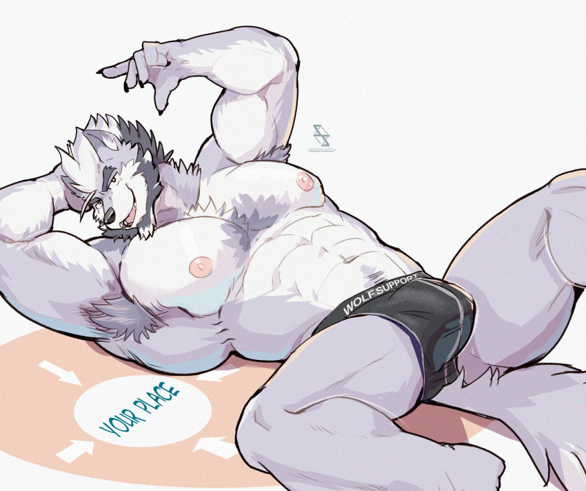angel_lazzu anthro beard big_muscles bulge canid canine canis clothed clothing facial_hair fur grey_body grey_fur hi_res looking_at_viewer lying male mammal muscular muscular_anthro muscular_male nipples on_back open_mouth pecs smile solo spread_legs spreading underwear underwear_only white_body white_fur wolf