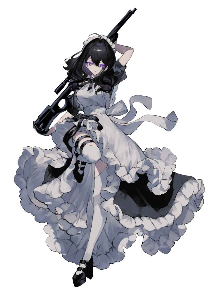 1girl absurdres ahoge apron black_hair dress expressionless frilled_apron frilled_dress frills gun hair_between_eyes highres long_hair maid maid_headdress original peckii_cookie purple_eyes rifle short_sleeves sniper_scope solo thighhighs weapon