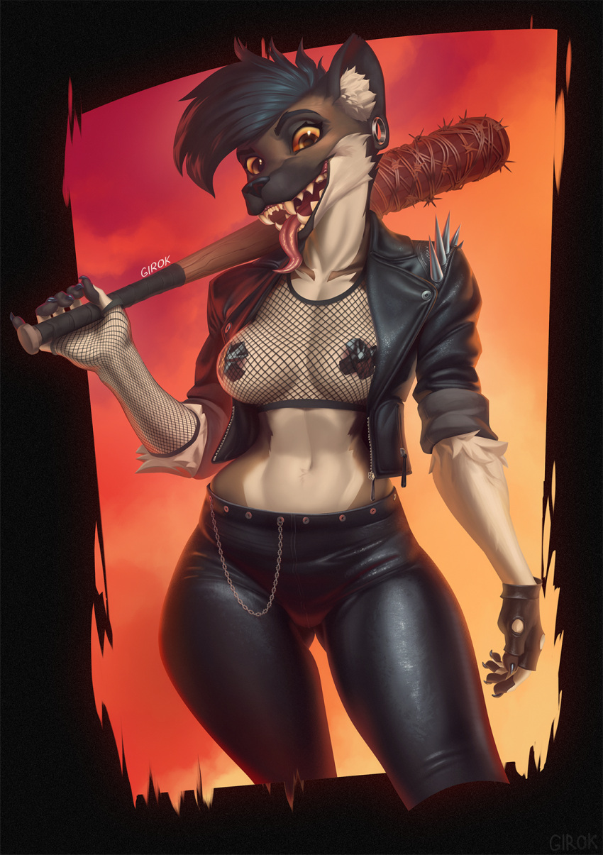 anthro baseball_bat bat_(object) chain clothing ear_piercing ear_ring female girok hi_res hyaenid jacket leather leather_clothing leather_jacket leather_topwear looking_at_viewer mammal piercing ring_piercing sharp_teeth simple_background solo solo_focus tagme teeth thorns tongue tongue_out topwear