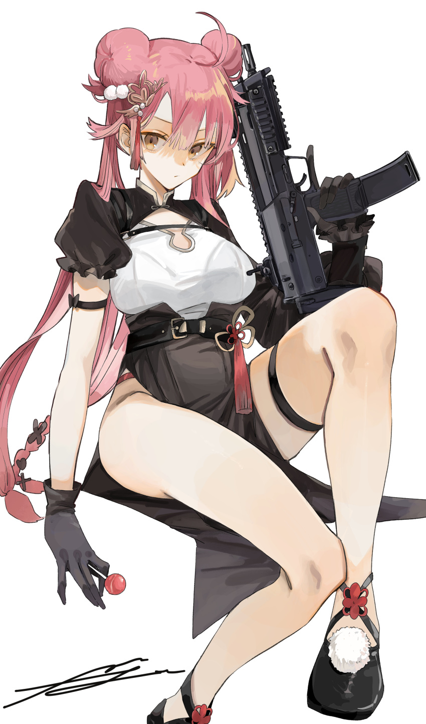 1girl aaoshigatoutoi absurdres ahoge bangs belt black_footwear black_gloves breasts candy chinese_clothes commentary double_bun food foot_out_of_frame girls'_frontline gloves gun h&amp;k_mp7 hair_bun highres holding holding_candy holding_food holding_gun holding_lollipop holding_weapon large_breasts legs lollipop long_hair mp7_(fall_of_the_stars)_(girls'_frontline) mp7_(girls'_frontline) official_alternate_costume pink_hair short_sleeves simple_background sitting solo submachine_gun weapon white_background yellow_eyes