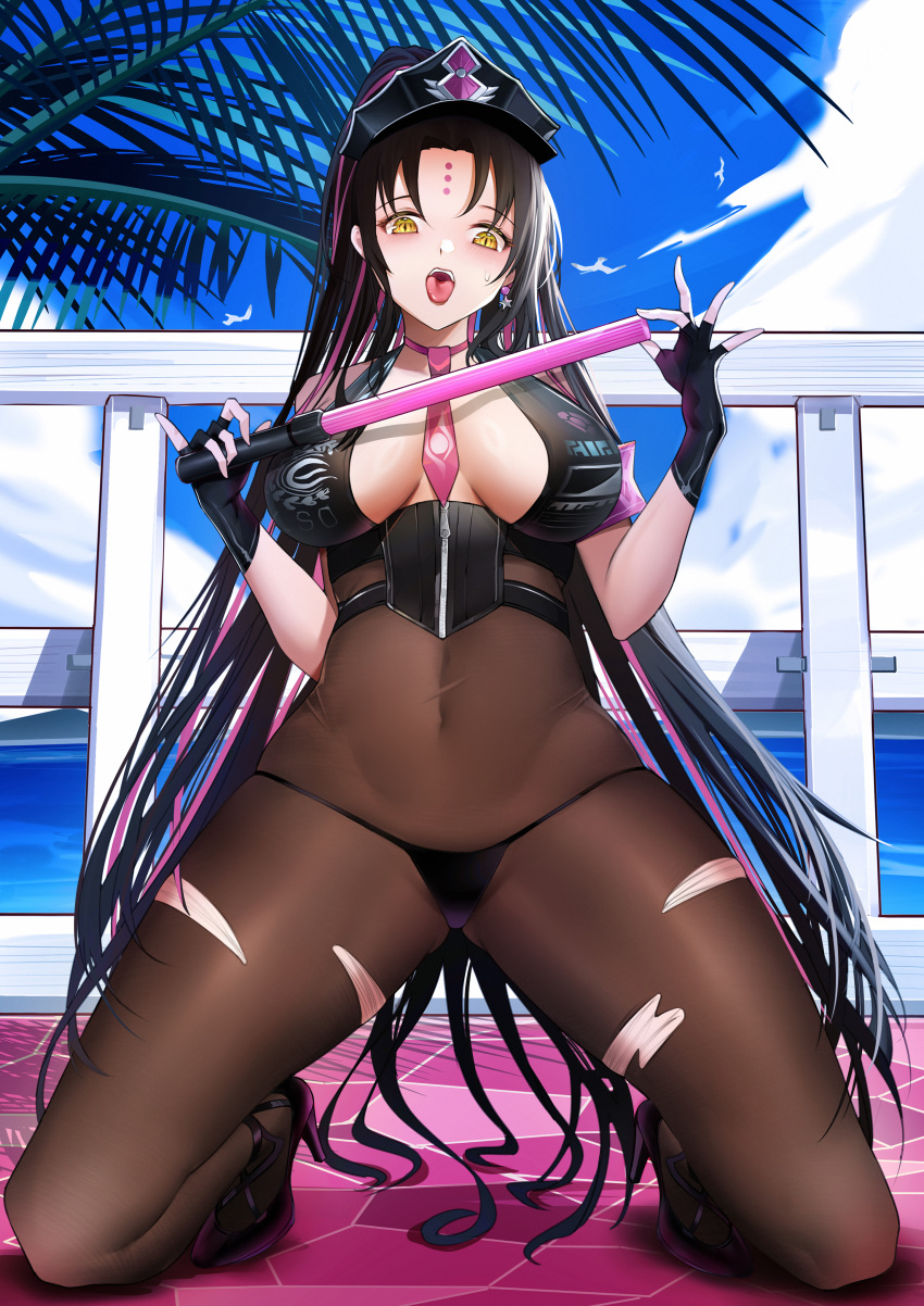 1girl absurdres black_gloves black_hair black_pantyhose breasts covered_navel day fate/grand_order fate_(series) fingerless_gloves gloves high_heels highres kneeling large_breasts looking_at_viewer mcic0 multicolored_hair necktie open_mouth outdoors pantyhose pink_hair pink_necktie sesshouin_kiara sesshouin_kiara_(swimsuit_mooncancer) solo teeth thighs tongue tongue_out torn_clothes torn_pantyhose tree upper_teeth yellow_eyes