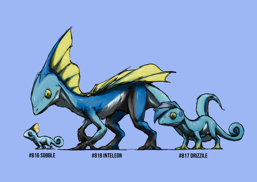 absurdres animal_focus blacknirrow blue_background blue_eyes blue_theme blush_stickers character_name closed_mouth commentary drizzile english_commentary english_text evolutionary_line from_side full_body highres inteleon lizard no_humans pokedex_number pokemon pokemon_(creature) profile realistic shiny shiny_skin simple_background sketch sobble standing yellow_eyes