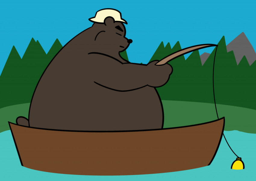 brown_body brown_fur calm clothing day elementalfurrries eyebrows fishing fishing_rod fur hat headgear headwear holding_fishing_rod holding_object male mammal mountain overweight peaceful plant profile_view shaded simple_coloring simple_shading small_tail solo thick_eyebrows tree ursid white_clothing white_hat white_headwear