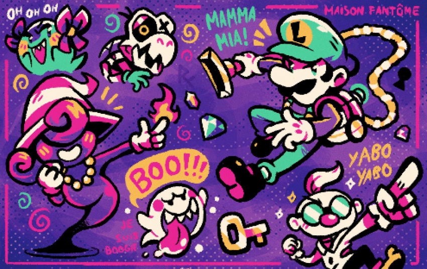 2boys 2girls boo_(mario) bow_(paper_mario) colored_skin dry_bones english_text facial_hair fire gem glasses gloves halloween hat highres jewelry key luigi luigi's_mansion multiple_boys multiple_girls mustache necklace nintendo oniri_boy paper_mario:_the_thousand_year_door paper_mario_64 pixel_art poltergust_3000 professor_elvin_gadd purple_skin sharp_teeth skeleton teeth tongue tongue_out vivian_(paper_mario) white_gloves witch_hat