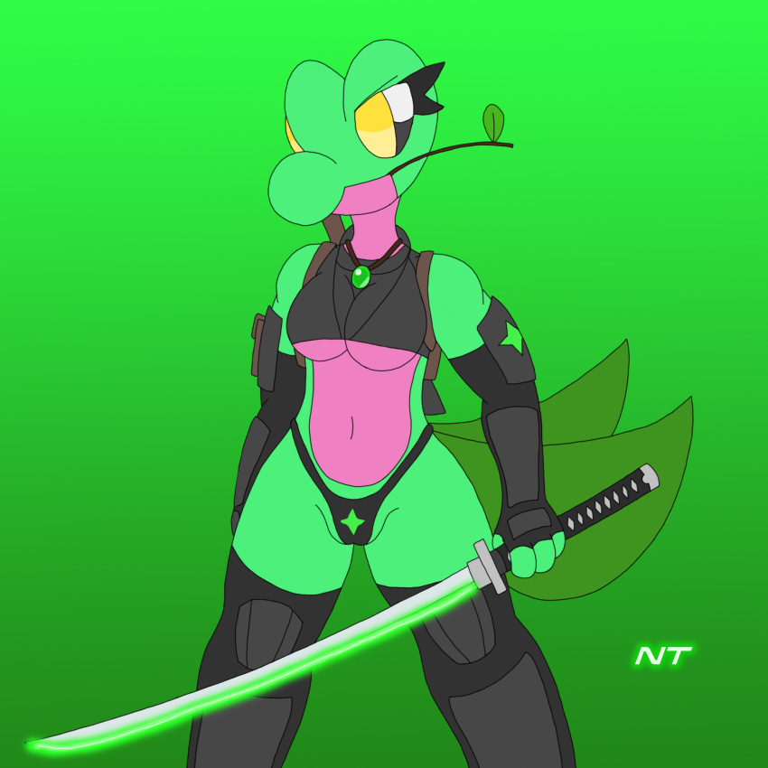 anthro armor clothed clothing female fern_shinamori generation_3_pokemon hi_res jewelry katana melee_weapon necklace ninjatreecko nintendo pokemon pokemon_(species) skimpy skimpy_armor solo stealth_suit sword treecko twig video_games weapon