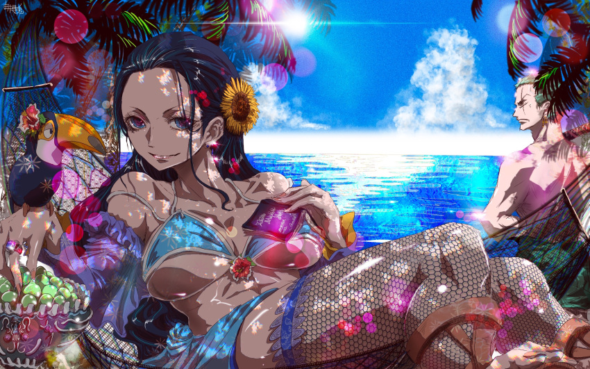 1boy 1girl animal back bikini bird black_hair blue_eyes blue_sky book breasts closed_mouth cloud dappled_sunlight day earrings facing_away fishnet_thighhighs fishnets flower food fruit grapes green_hair hair_flower hair_ornament hair_slicked_back hammock highres horizon jewelry large_breasts long_hair looking_at_viewer lying nico_robin ocean on_back one_piece outdoors palm_tree roronoa_zoro sarong scar scar_across_eye short_hair sky smile solo_focus stomach sun sunlight swimsuit thighhighs topless_male tree underboob water yama_curacao