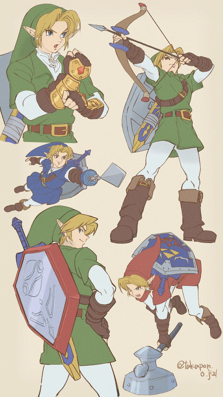 1boy absurdres adjusting_clothes adjusting_gloves alternate_color bangs belt belt_buckle blonde_hair blue_headwear blue_tunic boots bow_(weapon) brown_belt brown_footwear brown_gloves buckle clenched_hand drawing_arrow earrings fighting_stance fingerless_gloves full_body gloves green_headwear green_tunic hammer hand_on_hip highres holding holding_bow_(weapon) holding_weapon hookshot jewelry leggings link looking_at_viewer looking_back male_focus multiple_views open_mouth parted_bangs pointy_ears pointy_hat red_headwear red_tunic shield shirt short_hair smile solo sword takapon-o-ji the_legend_of_zelda the_legend_of_zelda:_ocarina_of_time twitter_username upper_body weapon weapon_on_back white_leggings white_shirt yellow_background