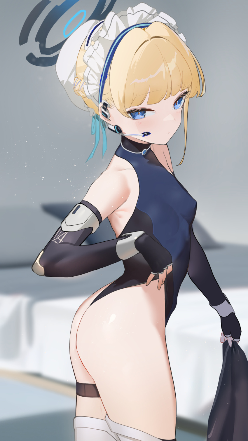 1girl ass bare_shoulders black_leotard blonde_hair blue_archive blue_eyes blue_leotard blurry blurry_background breasts cowboy_shot earphones elbow_gloves fingerless_gloves from_side gloves halo highleg highleg_leotard highres leotard looking_at_viewer looking_to_the_side maid_headdress mechanical_halo nuda short_hair small_breasts solo thigh_strap toki_(blue_archive) two-tone_leotard