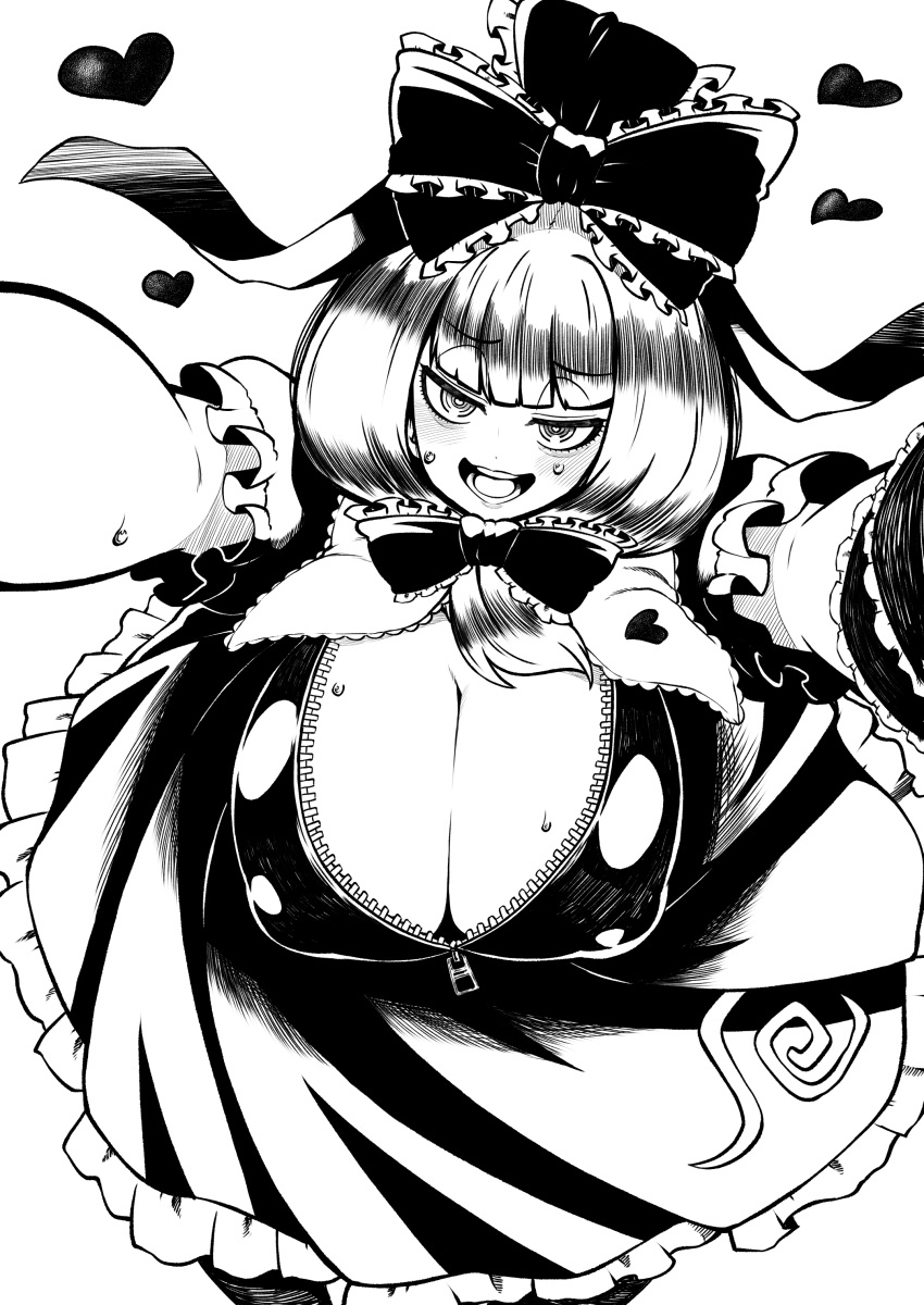 absurdres bangs breasts cleavage dress frilled_dress frilled_ribbon frills front_ponytail highres himajin_noizu huge_breasts kagiyama_hina long_dress medium_hair puffy_short_sleeves puffy_sleeves ribbon short_sleeves spinning touhou