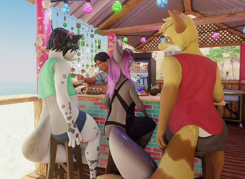 20thcenturyfox 2cf_(20thcenturyfox) anthro bar beach beverage eye_contact eyewear female freckles glasses graedius_(character) group looking_at_another male mostly_clothed outside seaside sitting trio vera_(20thcenturyfox)