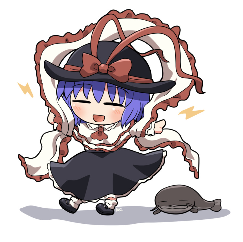 1girl animal black_footwear black_headwear black_skirt blue_hair blush capelet catfish closed_eyes fish full_body hair_between_eyes hat hat_ribbon long_sleeves nagae_iku namazu open_mouth red_ribbon ribbon rokugou_daisuke shirt shoes short_hair signature simple_background skirt smile socks solo touhou white_background white_capelet white_shirt white_socks