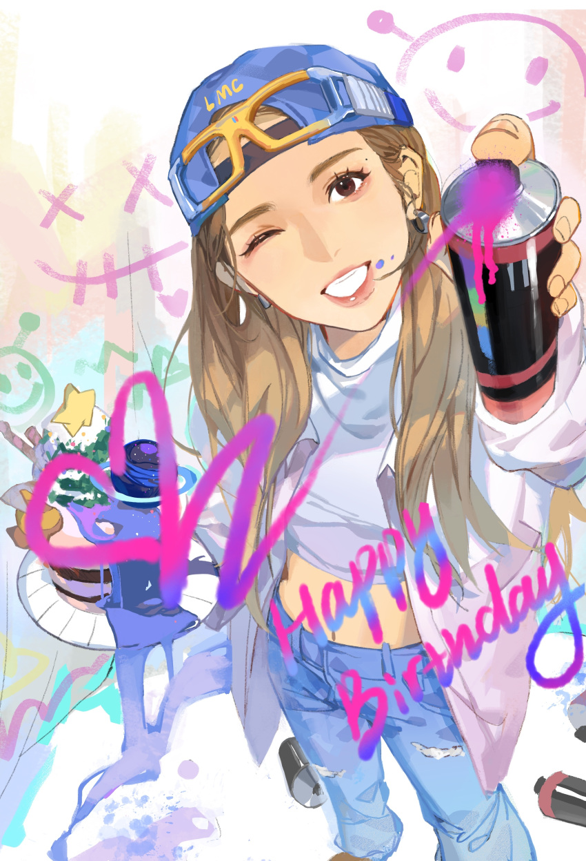 1girl absurdres backwards_hat blue_headwear brown_eyes brown_hair cake can chinese_commentary cropped_shirt denim food fourth_wall from_above goggles goggles_on_head hair_behind_ear happy_birthday hat highres holding holding_can jeans k-pop mamamoo midriff moonbyul_(mamamoo) navel paint_splatter paint_splatter_on_face pants parted_lips real_life shanhu686 shirt smile solo spray_can star_(symbol) streetwear torn_clothes torn_pants turtleneck white_shirt