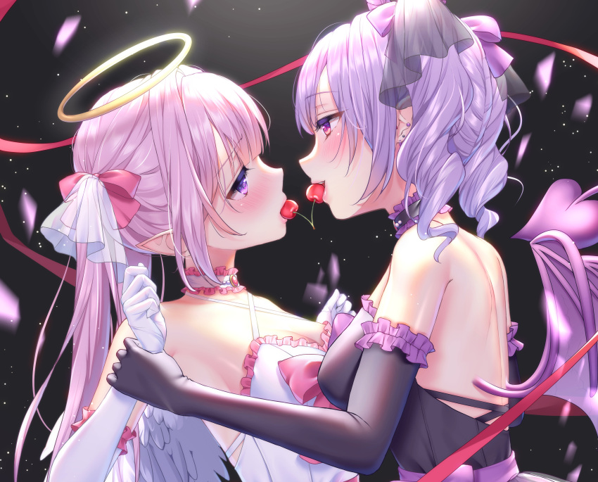 absurdres angel angel_and_devil angel_wings blush cherry demon demon_girl demon_wings elbow_gloves food fruit gloves grabbing halo highres holding_another's_wrist original pink_hair purple_eyes purple_hair sharing_food twintails wings yuri yuyuko_(yuyucocco)