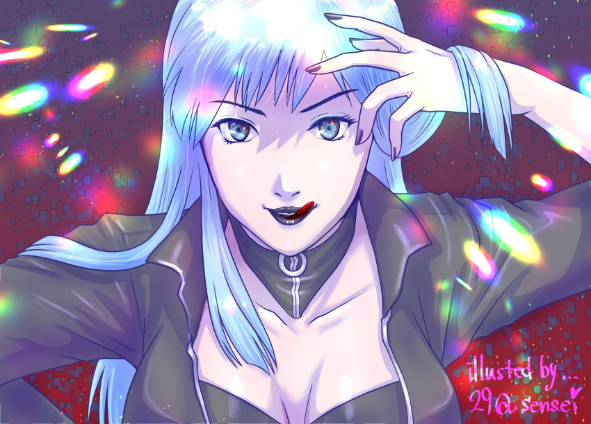 1girl 29qsensei blue_eyes blue_hair breasts collar collarbone devil_summoner highres lipstick long_hair looking_at_viewer makeup nail_polish nemissa open_mouth pale_skin smile solo soul_hackers