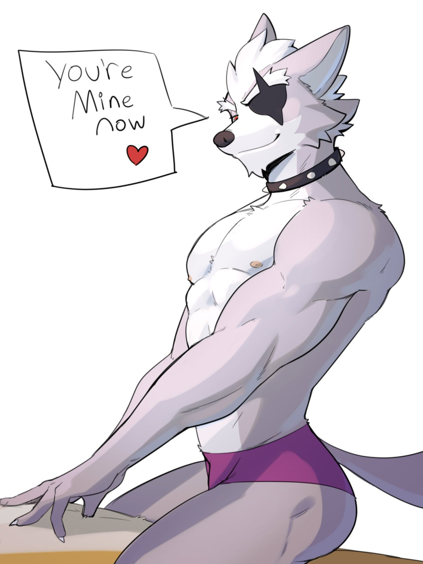anthro black_nose canid canine canis clothing collar dialogue english_text eye_patch eyewear fur grey_body grey_fur hi_res jrjresq male mammal muscular muscular_anthro muscular_male nintendo solo star_fox swimwear text video_games white_body white_fur wolf wolf_o'donnell
