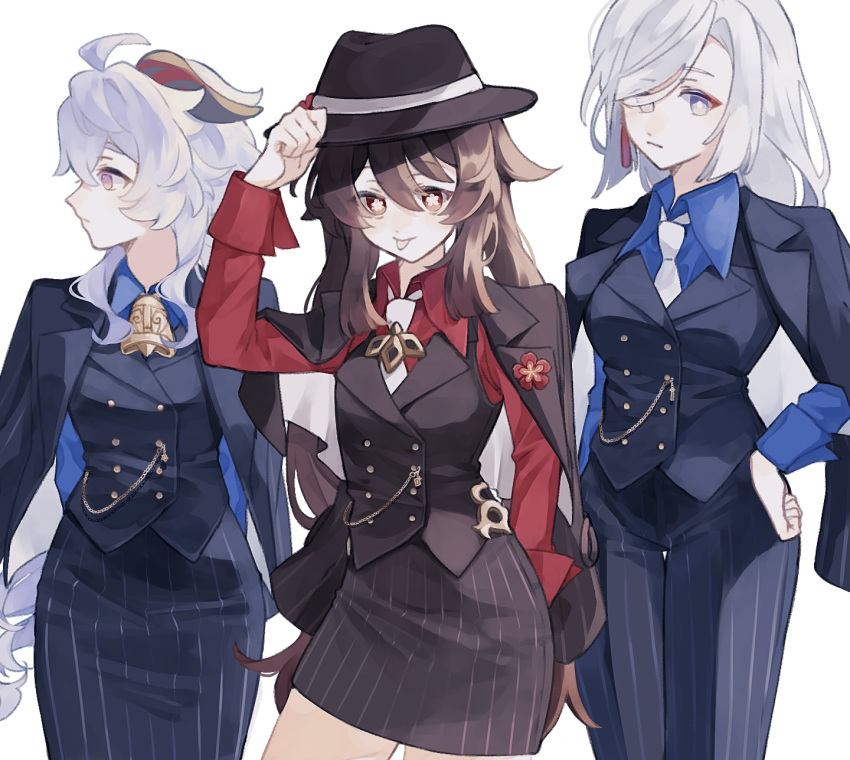 3girls ahoge aqua_eyes bangs bell black_suit blue_hair brown_eyes brown_hair cowboy_shot fedora flower flower-shaped_pupils formal ganyu_(genshin_impact) genshin_impact hair_over_one_eye hat highres horns hu_tao_(genshin_impact) hu_tao_(oneplus)_(genshin_impact) kun_(user_ahgn2825) long_hair looking_at_viewer looking_to_the_side multiple_girls neck_bell necktie pinstripe_pattern pinstripe_skirt plum_blossoms purple_eyes red_stripes shenhe_(genshin_impact) standing striped suit symbol-shaped_pupils tongue tongue_out white_background white_hair white_necktie