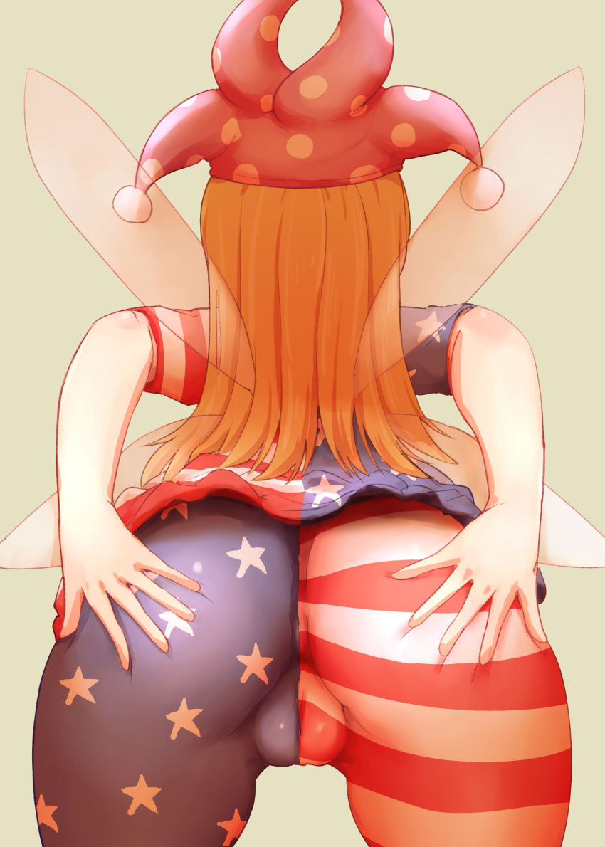 1girl american_flag_dress american_flag_legwear blonde_hair cameltoe cleft_of_venus clownpiece dress fairy_wings from_behind hand_on_own_ass hat highres jester_cap kaabon_meshi long_hair polka_dot short_sleeves solo star_(symbol) touhou wings