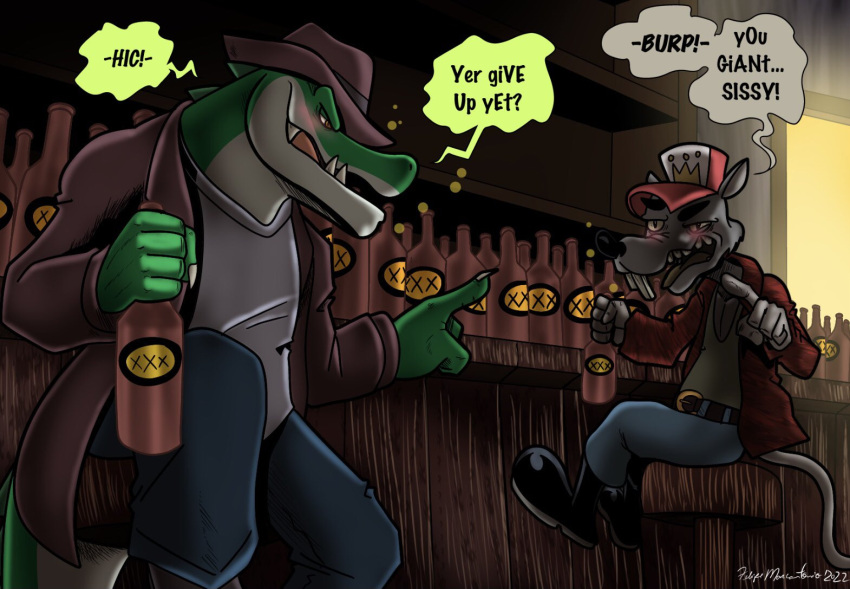 2022 5_fingers alligator alligatorid anthro bar_stool black_boots black_clothing black_footwear black_nose blue_bottomwear blue_clothing blue_pants boots bottle bottomwear brown_clothing brown_hat brown_headwear brown_topwear bubble buckteeth clothed clothing cregon crocodile crocodilian crocodylid drunk drunk_bubble duo fedora fingers footwear fully_clothed fur furniture gesture green_body green_clothing green_shirt green_topwear grey_body grey_fur hat headgear headwear male mammal monotone_body monotone_fur multicolored_body murid murine pants pointing pointing_at_another rat red_clothing red_topwear reptile rodent scalie shirt speech_bubble stool substance_intoxication teeth text topwear trucker_hat two_tone_body white_body white_clothing white_shirt white_topwear yellow_eyes yellow_sclera yuski