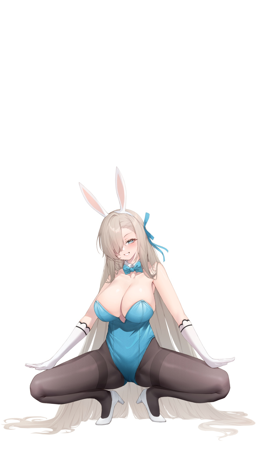 1girl absurdres animal_ears aqua_bow aqua_bowtie aqua_eyes asuna_(blue_archive) asuna_(bunny)_(blue_archive) bangs bare_shoulders black_pantyhose blonde_hair blue_archive blue_leotard bow bowtie breasts cleavage collarbone detached_collar dot_nose fake_animal_ears full_body gloves highleg highleg_leotard highres huge_breasts kanon_(sinto) legs_apart leotard long_bangs long_hair looking_at_viewer official_alternate_costume one_eye_covered open_mouth pantyhose playboy_bunny side-tie_leotard sideboob sitting smile solo straight_hair strapless strapless_leotard thighs very_long_hair white_footwear white_gloves