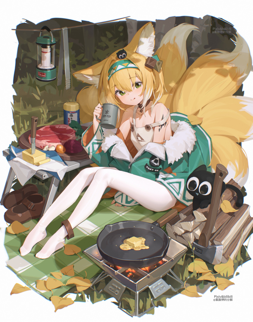 1girl :q absurdres animal animal_ears arknights axe bilibili_username bilibili_xiaolu black_cat blonde_hair blush brown_footwear butter camping cat chinese_commentary commentary_request cup firewood folding_table food fox_ears fox_girl fox_tail frying_pan fur-trimmed_jacket fur_trim grass green_eyes green_hairband green_jacket hair_ornament hairband heixiu highres holding holding_cup jacket kerosene_lamp kitsune knife knight licking_lips log looking_at_viewer luoxiaohei mary_janes multiple_tails off_shoulder open_clothes open_jacket oripathy_lesion_(arknights) outdoors pantyhose pixiv_username plantar_flexion planted planted_knife portable_stove raw_meat shoes shoes_removed solo strap_slip suzuran_(arknights) table tail tank_top the_legend_of_luo_xiaohei tongue tongue_out watermark white_pantyhose white_tank_top