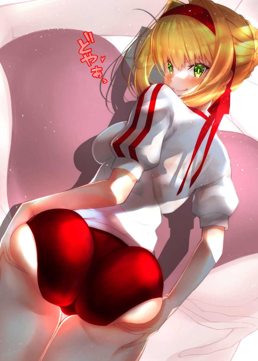 1girl absurdres ass ass_focus ass_grab blonde_hair bloomers butt_crack fate/extra fate/grand_order fate_(series) feet_out_of_frame green_eyes hair_bun hands_on_own_ass headband highres huge_ass jersey looking_at_viewer looking_back nero_claudius_(fate) nero_claudius_(fate/extra) nero_claudius_(olympian_bloomers)_(fate) red_bloomers red_headband sanazura_hiroyuki shirt short_hair short_sleeves single_hair_bun smile thick_thighs thighs underwear white_shirt