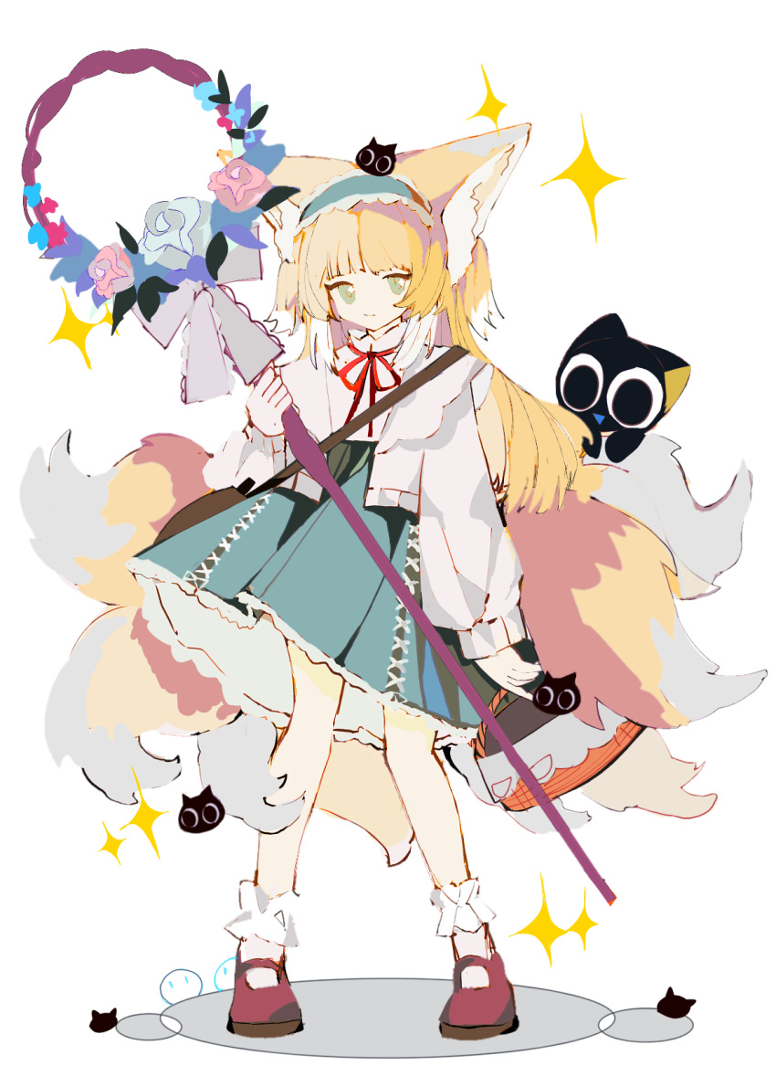 1girl animal_ears ankle_cuffs arknights black_cat blonde_hair blue_hairband blue_skirt cardigan cat cloudless923 fox_ears fox_girl fox_tail frilled_hairband frills hair_down hairband highres holding holding_staff kitsune long_hair long_sleeves looking_at_viewer luoxiaohei multicolored_hair multiple_tails neck official_alternate_costume open_cardigan open_clothes red_footwear red_ribbon ribbon shirt shoes simple_background skirt solo sparkle staff standing streaked_hair suzuran_(arknights) suzuran_(spring_praise)_(arknights) tail the_legend_of_luo_xiaohei white_background white_cardigan white_hair white_shirt